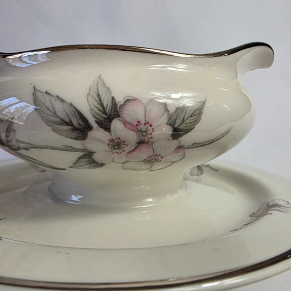 Manor House Spring Glory Gravy Boat & Underplate Pink & White Floral Gray Leaves - Picture 3 of 16
